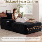 65" L Oversized Chaise Lounge Chair Indoor,Comfy Boneless Reading Chair with Cup Holder & Side Pockets,Corduroy Fabric Single Cloud Sofa Chair for Living Room & Bedroom,No Assembly, Black