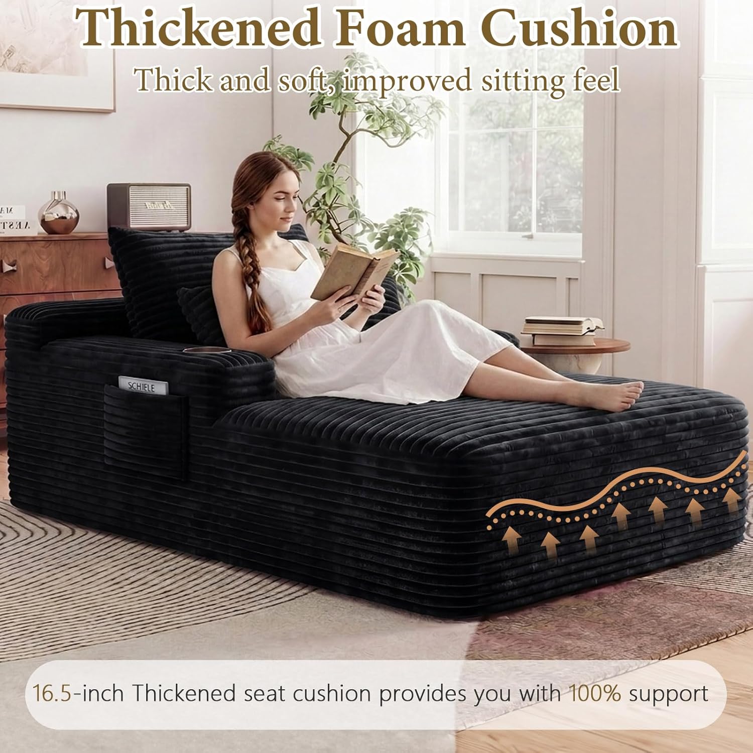 65" L Oversized Chaise Lounge Chair Indoor,Comfy Boneless Reading Chair with Cup Holder & Side Pockets,Corduroy Fabric Single Cloud Sofa Chair for Living Room & Bedroom,No Assembly, Black