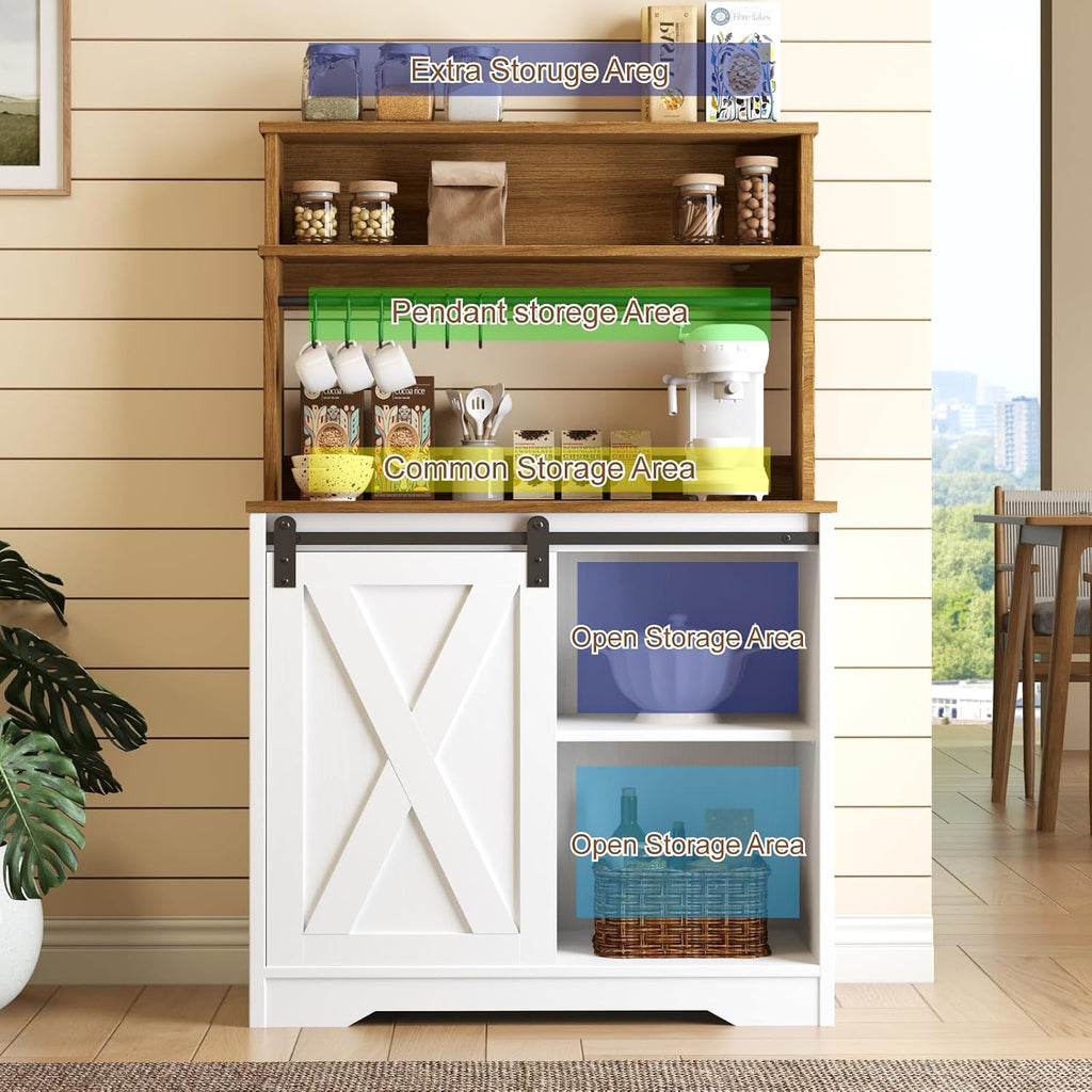 Farmhouse Coffee Bar with Hutch, 55 Inch White Coffee Bar Cabinet Storage with LED Light and Sliding Barn Door, Buffet Cabinet with 6 Hooks, Adjustable Shelves for Living Dining Room