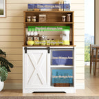Farmhouse Coffee Bar with Hutch, 55 Inch White Coffee Bar Cabinet Storage with LED Light and Sliding Barn Door, Buffet Cabinet with 6 Hooks, Adjustable Shelves for Living Dining Room