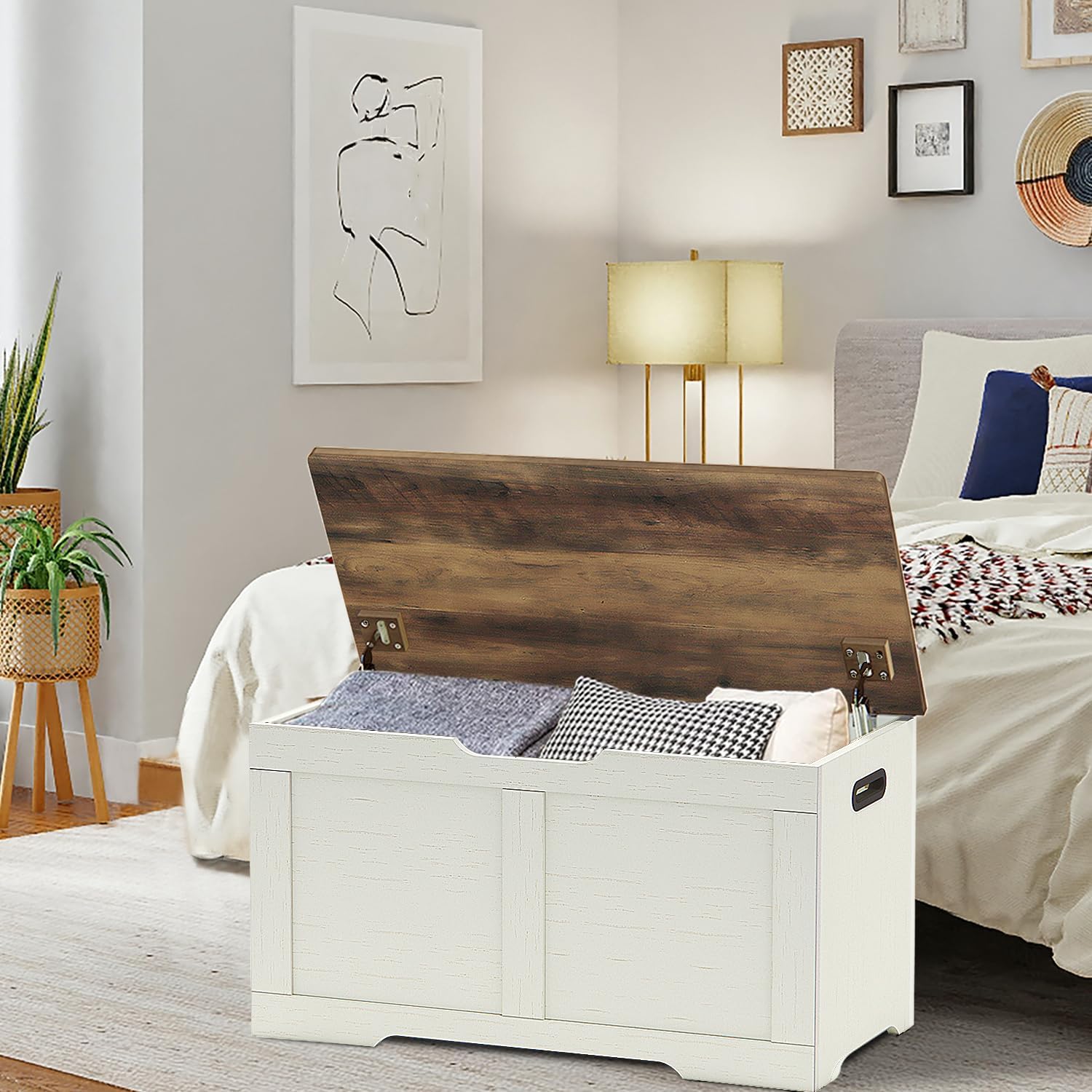 Timberer 31.5" Storage Chest, Wooden Storage Bench, Lift Top Toy Chest with 2 Safety Hinges, Large Toy Box, Entryway Shoes Bench for Living Room, Bedroom, Brown and Rustic White