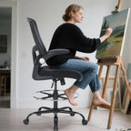 Drafting Chair, Tall Office Chair with PU Leather Seat, Ergonomic Standing Desk Chair with Lumbar Support Counter Height Office Chair with Adjustable Footrest Ring Flip-up Armrests