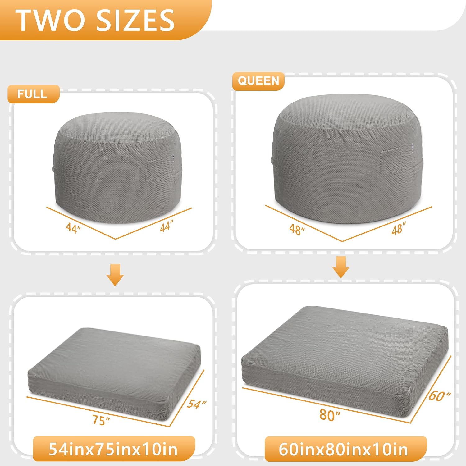 HABUTWAY Bean Bag Chair, Giant Bean Bag Chair with Washable Chenille Cover Ultra Soft, Convertible Bean Bag from Chair to Mattress, Huge Chenille Bean Bags for Adult, Couples, Family (Grey Queen)