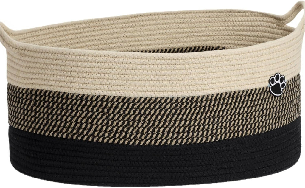 Optish 40L Extra Large Dog Toy Basket, XL Toy Storage Box and Bin with Handles, 20" x 14" x 9" Woven Cotton Rope Foldable Basket for Blankets, Living Room, Bedroom, Home Decor, Black & Brown