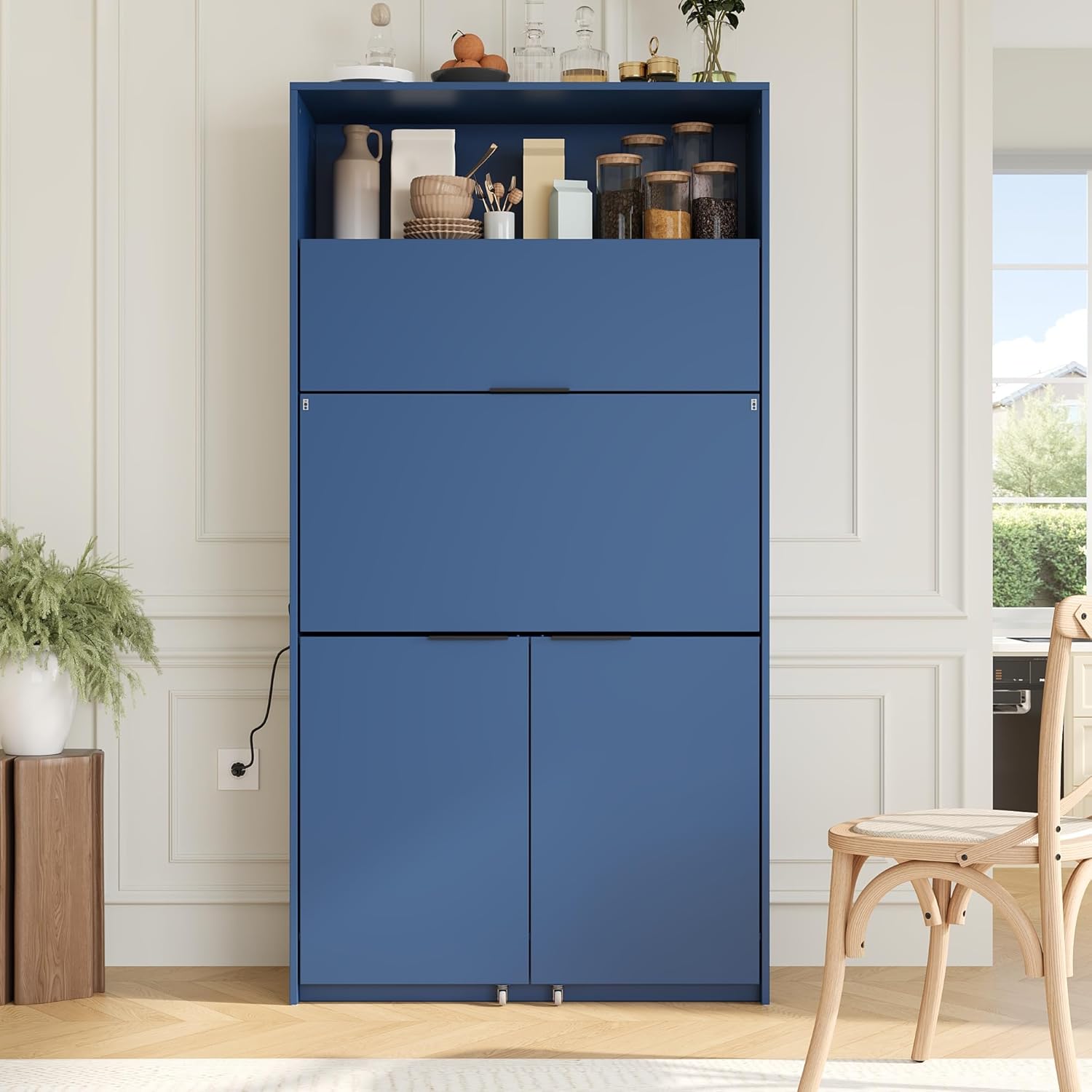 MERITLINE Compact Kitchen Pantry with Hutch and Foldable Workstation, Multifunctional 69''H Buffet Storage Cabinet with Adjustable Shelf & Power Outlet for Dining Living Room (Dark Blue)