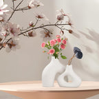 White Ceramic Vase Set of 2 - Minimalist Nordic Style, Matte Donut Vases for Pampas Grass, Ceramic Hollow Donut Vase Decor, Flower Vases for Living Room Wedding Coffee Table Bookshelf Office Decor