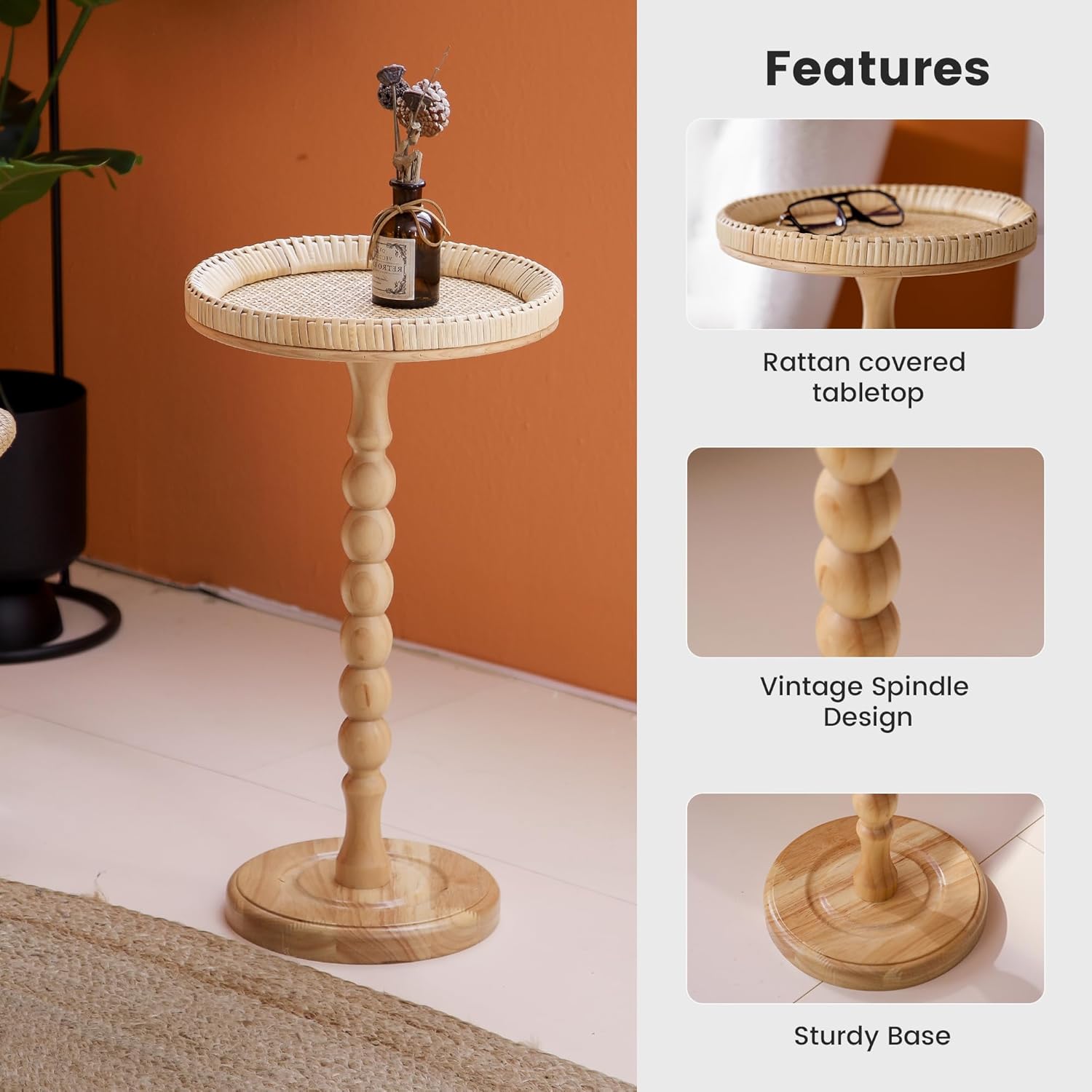 Drink Table,Solid Wood Floating Shelf, Vintage Wall Shelves Wall Mounted Storage Rack 3-Tier,Rattan Round Small Side Table for Small Spaces