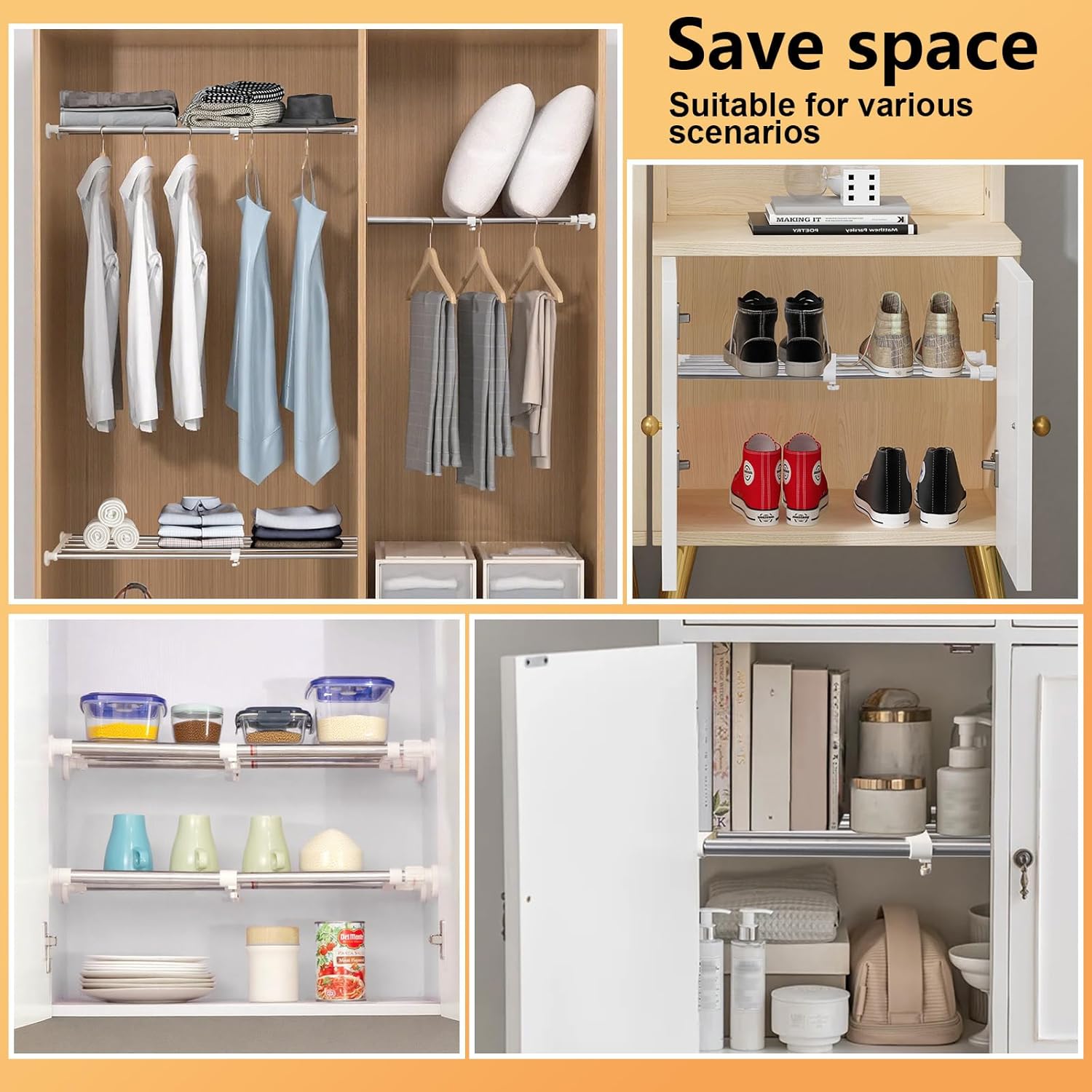 BAOYOUNI Tension Closet Shelves Stainless Steel Rustproof Storage Rack Bathroom Kitchen Organizer Shelf Dividers Ivory, 23.62-31.5 Inches