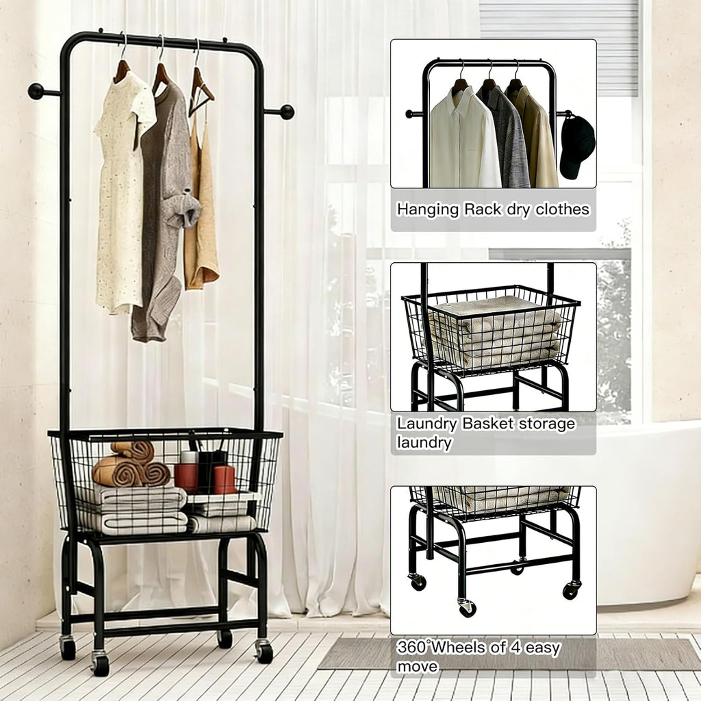 Rolling Laundry Cart with Hanging Rack Metal Laundry Basket with Wheels Laundry Hamper with Storage Basket and Shelf for Laundry Room Organization Black