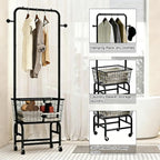Rolling Laundry Cart with Hanging Rack Metal Laundry Basket with Wheels Laundry Hamper with Storage Basket and Shelf for Laundry Room Organization Black