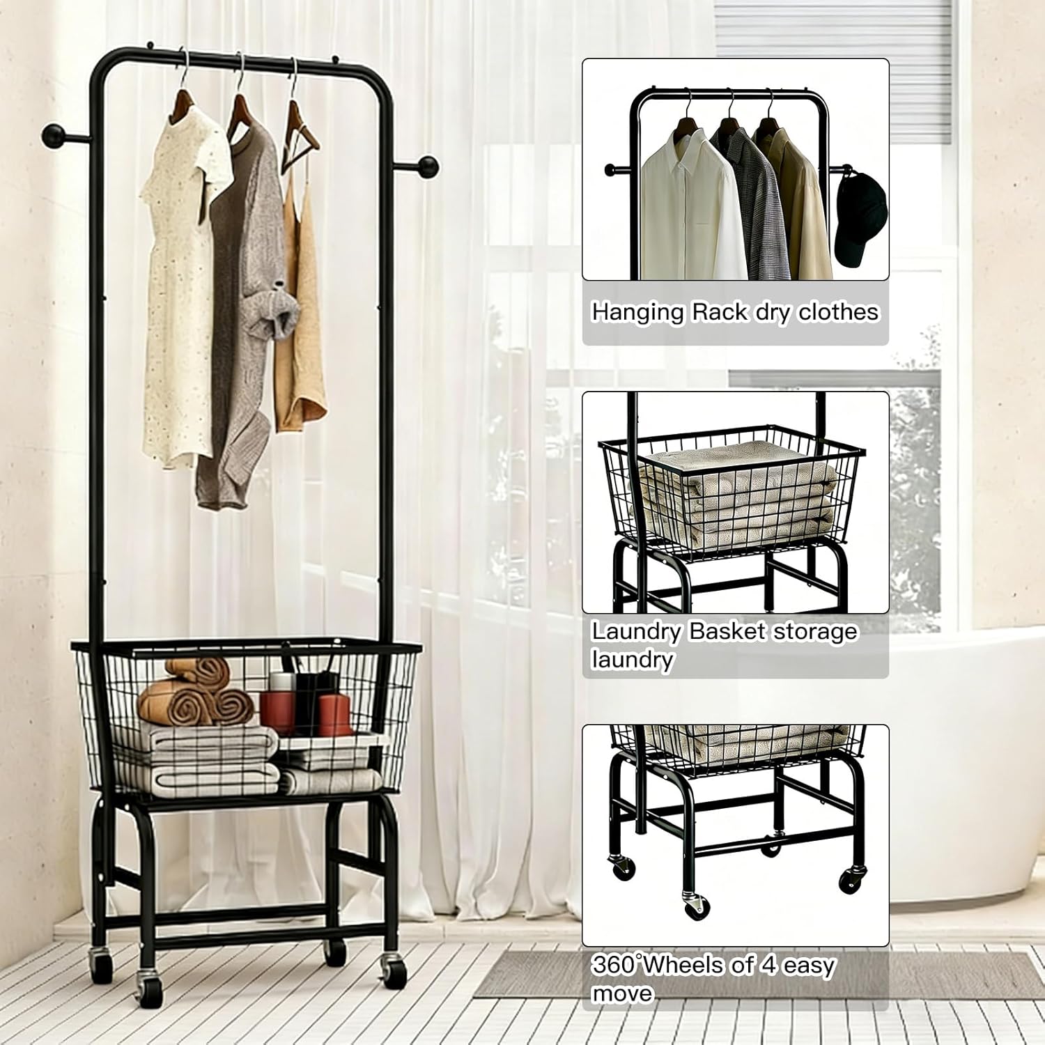 Rolling Laundry Cart with Hanging Rack Metal Laundry Basket with Wheels Laundry Hamper with Storage Basket and Shelf for Laundry Room Organization Black