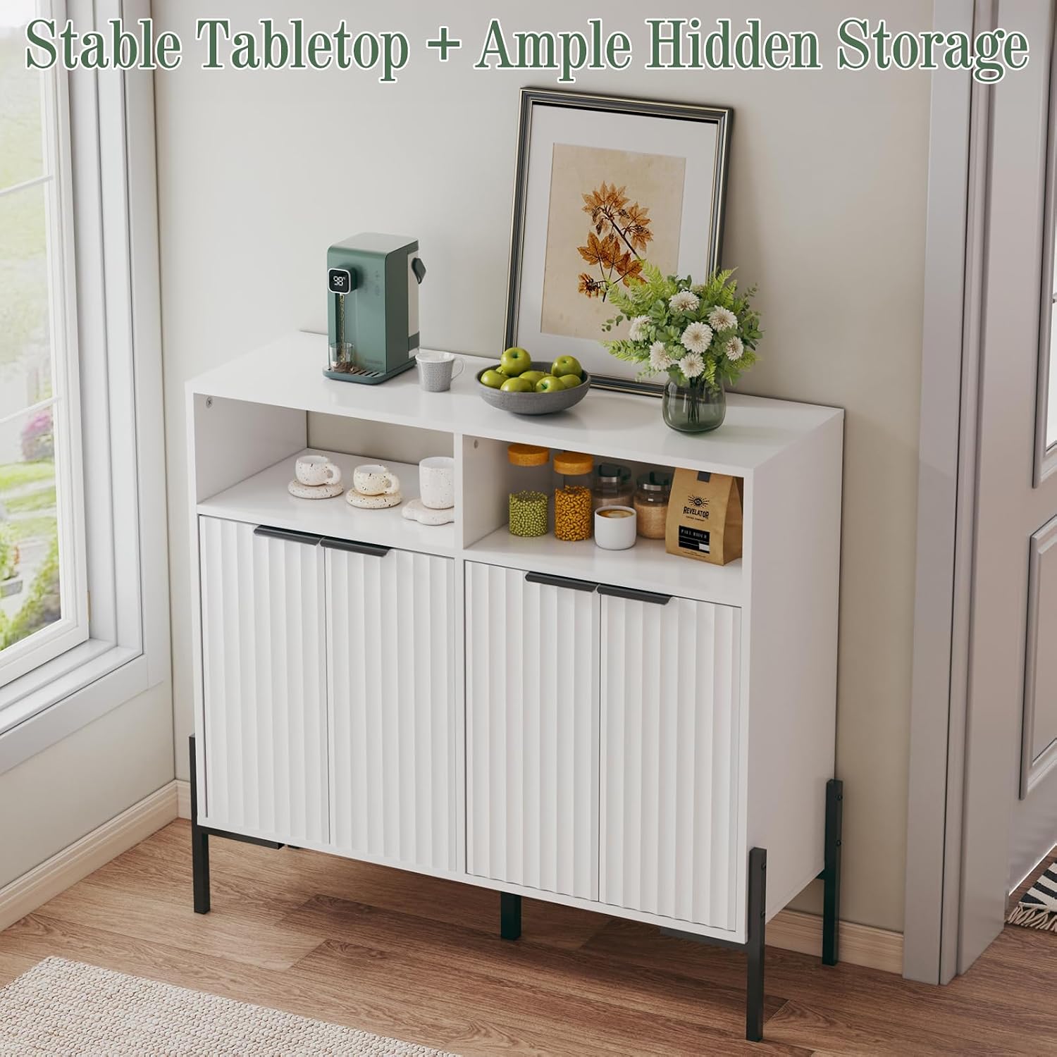 White Buffet Cabinet with Storage, Fluted Storage Cabinet with Doors & Adjustable Shelves, Solid Wood TV Stand Credenza for Kitchen Dining Room, 41"L x 14"D x 37"H Easy Assembly Kitchen Sideboard