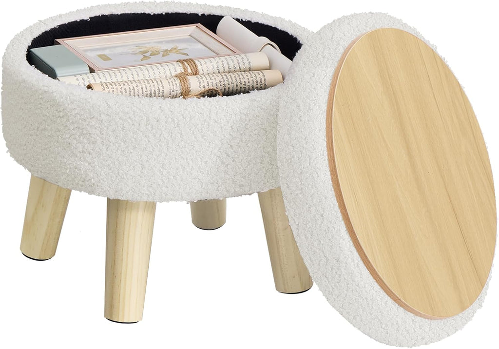 SONGMICS Storage Ottoman, Foot Stool, Round Ottoman with Padded Seat, Foot Rest with Wood Legs, Small Table, for Hallway, Living Room, 12.2 Inches, Teddy Fleece, White ULOM515WD01