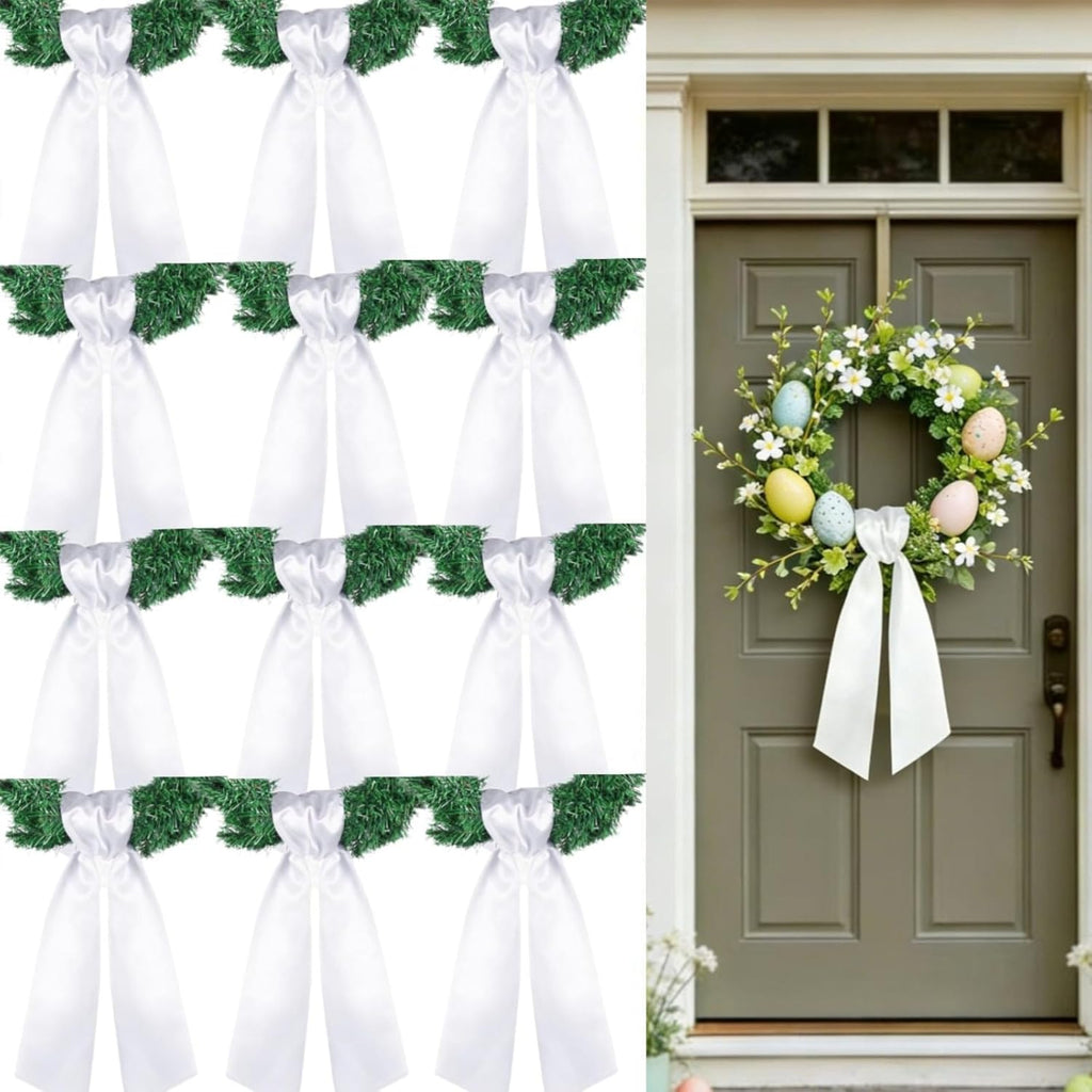 Dream Loom Wreath Sash for Front Door, 12pcs White Wreath Sash Garland Ribbon Accessories for Xmas Party Yard Doorway Indoor Outdoor Wall Wedding Decor