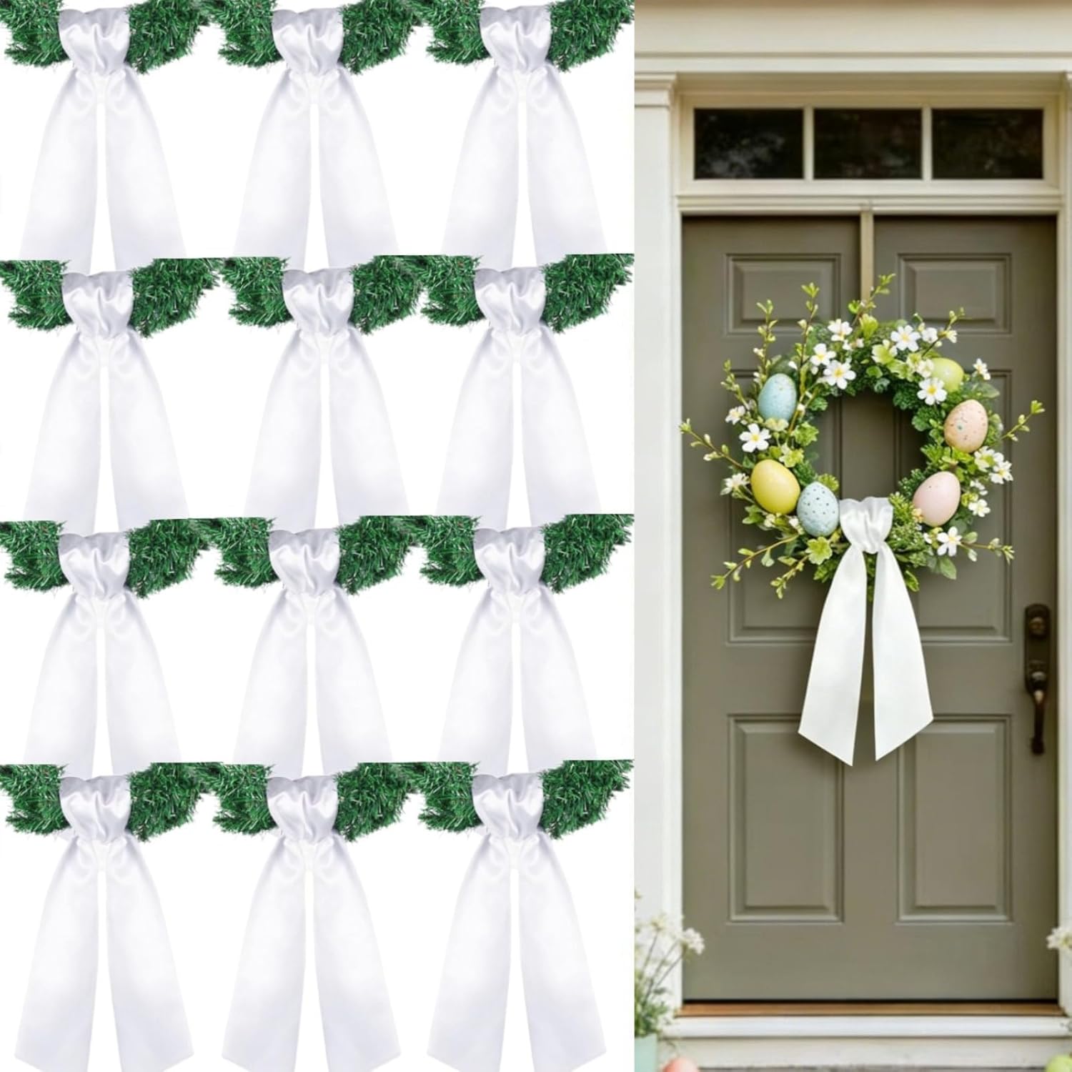Dream Loom Wreath Sash for Front Door, 12pcs White Wreath Sash Garland Ribbon Accessories for Xmas Party Yard Doorway Indoor Outdoor Wall Wedding Decor