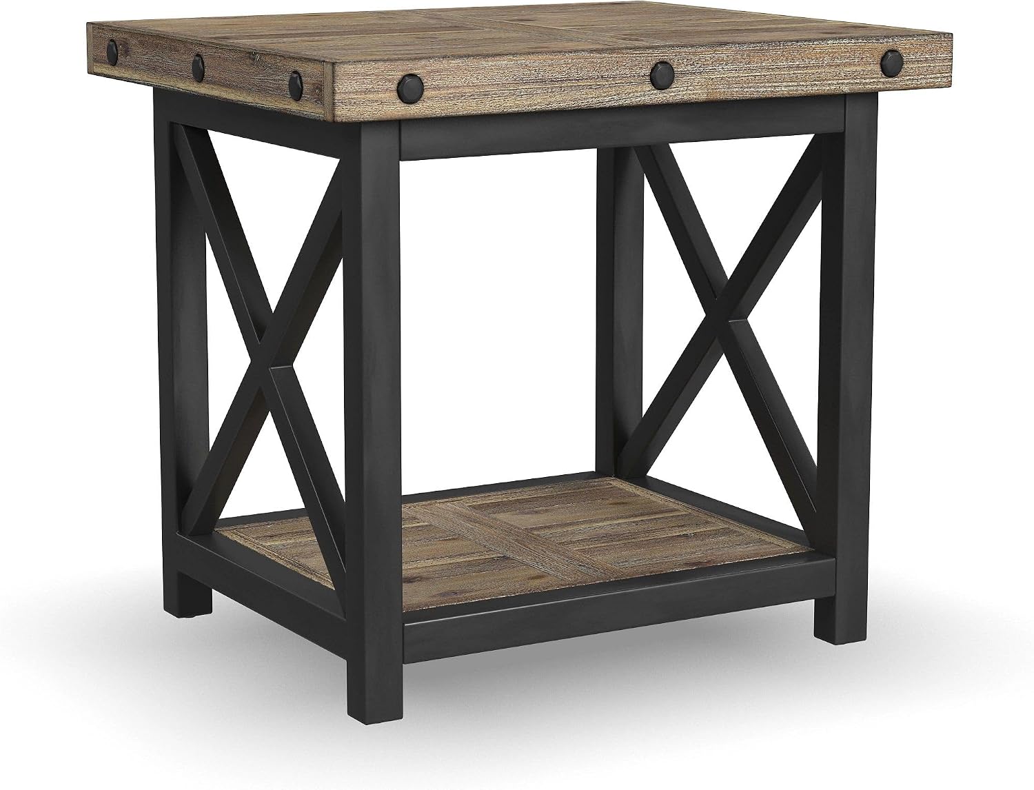 Flexsteel Craftsman Solid Acacia Wood End Table, Rustic Industrial with Lower Shelf, Hand Worked Metal Frame, Distressed Side Table Living Room Furniture, Farmhouse Nightstand (Light Brown)