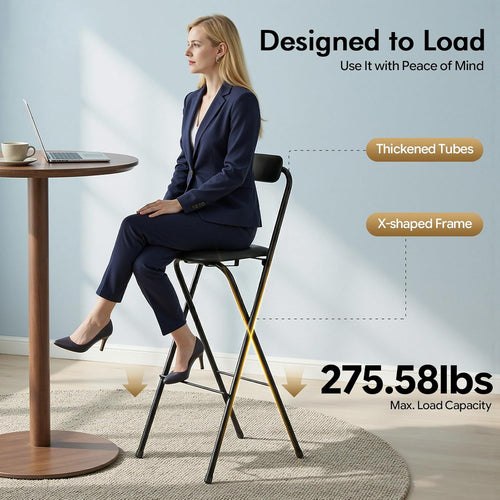 1 Pcs Folding Bar Stool with Backrest, 29.5 Inch Tall Foldable Stool Chair, Portable Space-Saving Counter Height Chair 275lbs Load Capacity for Kitchen Counter Home Dining, Black
