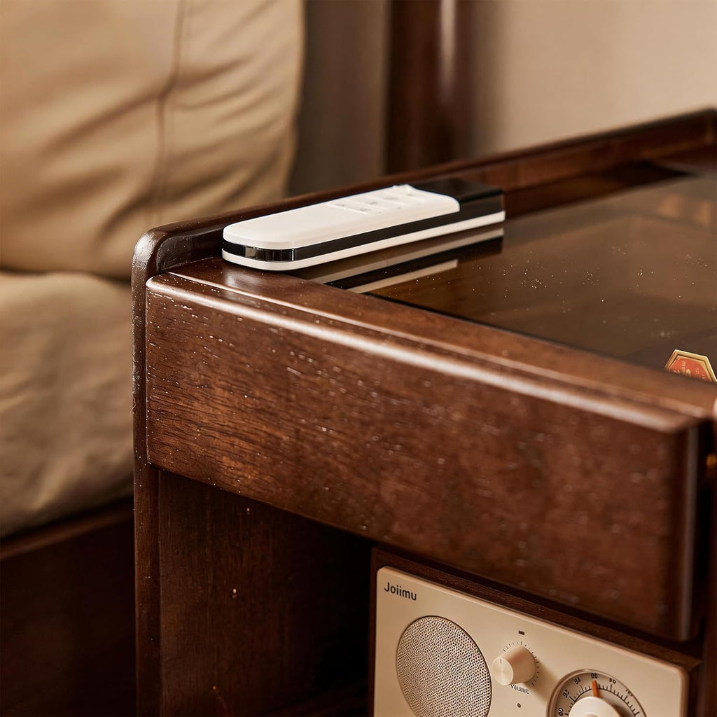 Solid Wood End Table with Glass Top and Drawers, Narrow Nightstand with Pull-Out Tray, Unique Bedside Table, Small Side Table with Storage for Bedroom, Living Room, Walnut