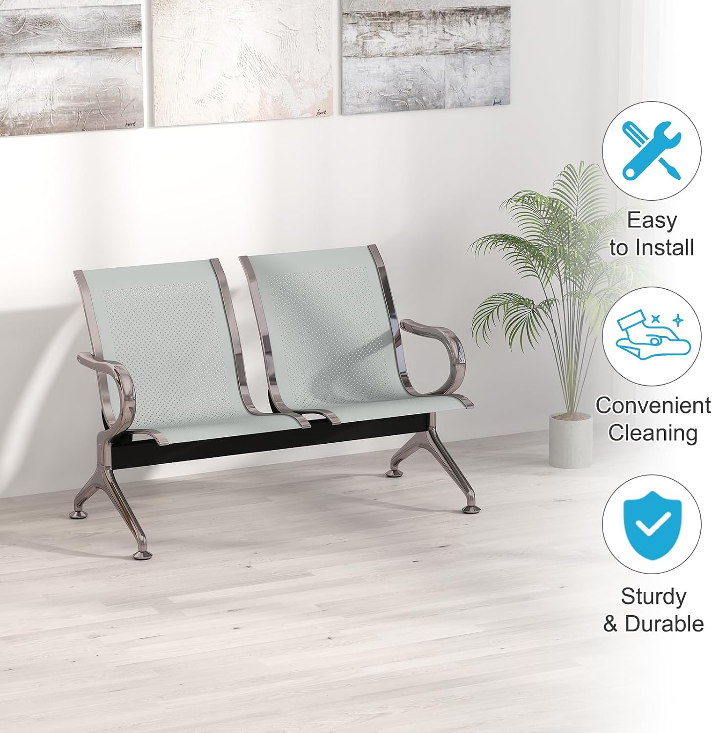 Peach Tree Airport Reception Waiting Room Chair with Arms for Reception Room, Office, Barber Bench in Bank Hospital and Market (2 Seats, Silver)