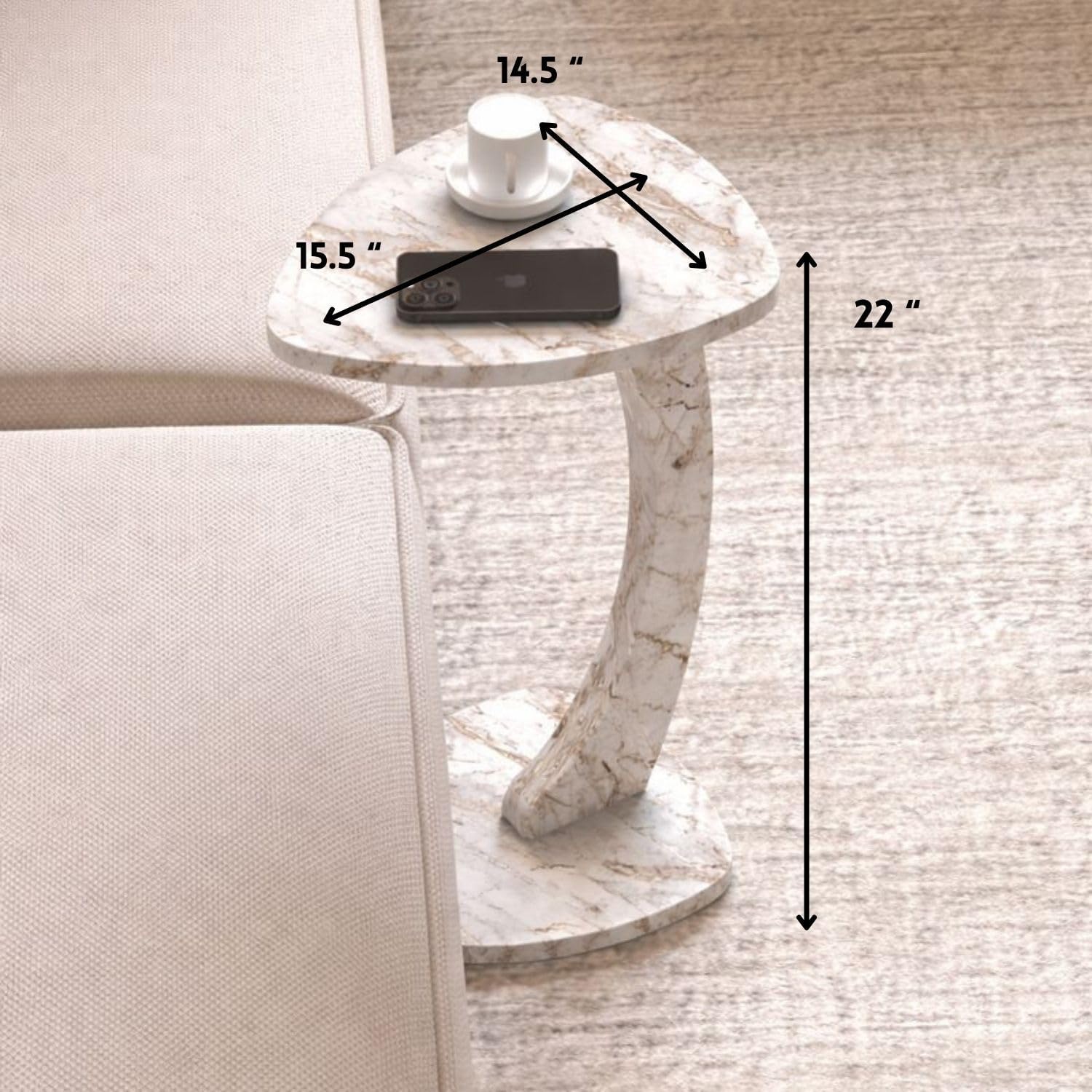 C Shaped Triangular Top Table for Couch Small Places, Space Saver Sheild Top Side Table for Sofa and Bedside with Wheels, Coffee and Eating Snack for Living Room, Office (White Marble)