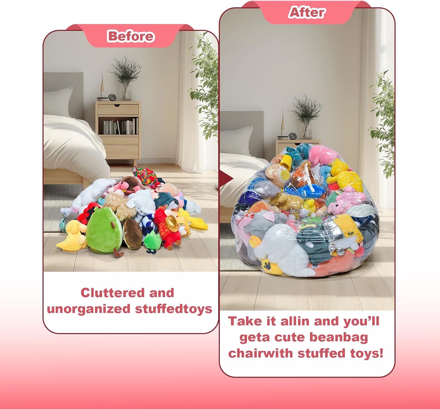 Bean Bag Chair Cover for Clear Stuffed Animal Chair Storage — Extra Large 150L Toy Organizer for Kids, Waterproof Easy-Clean Plush Toy Holder Seat (Cover Only, No Filler Included)