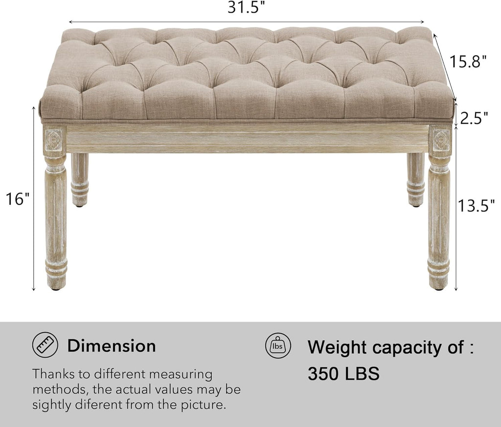 LOULENS French Vintage Bench, Linen Fabric Entryway Bench, Upholstered Tufted End of Bed Bench with Brushed Wood Legs,Light Brown