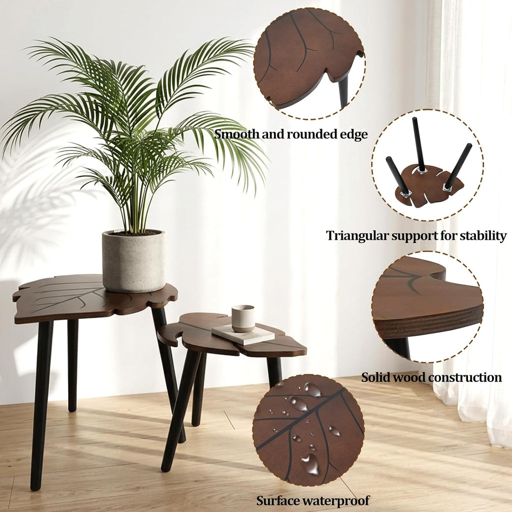 Nesting Coffee Table Set of 2, Monstera Leaf Wooden Side Tableble | Stacking Minimalist End Table for for Living Room Bedroom Apartment Balcony Yard Small Space, Sturdy and Easy Assembly, Brown
