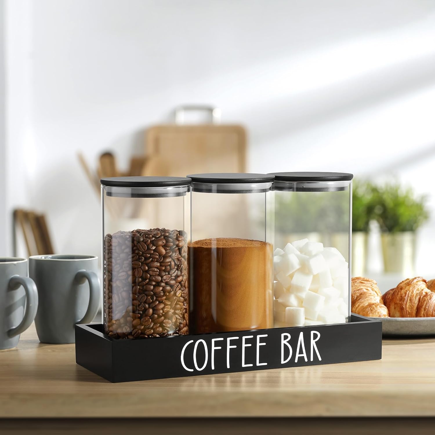 Glass Coffee Canister for Ground Coffee - 3Pcs 45oz Coffee and Sugar Container Set with Airtight Bamboo Lids and Black Tray - Farmhouse Coffee Bean Storage Jars for Coffee Bar Decor and Accessories
