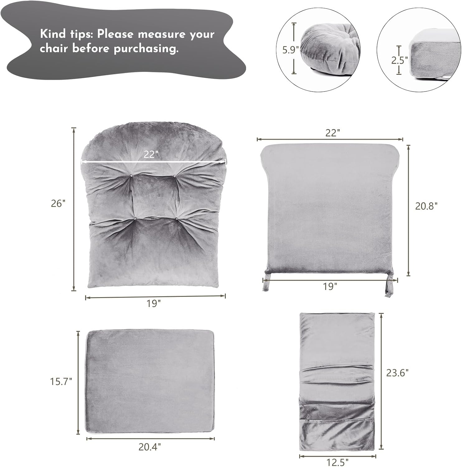 5PCS Glider Rocker Replacement Cushions Set with Ottoman Cushion | Glider Rocking Chair Pads with Side Storage Pockets, Velvet Fabric, Washable & Non Slip, for Indoor Nursery, Grey