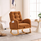 Upholstered Rocking Armchair with Footrest 39.76" High Back Teddy Fabric Rocker Chair with Side Storage Pocket and Rubber Wood Base for Living Room Bedroom Nursery (Caramel)