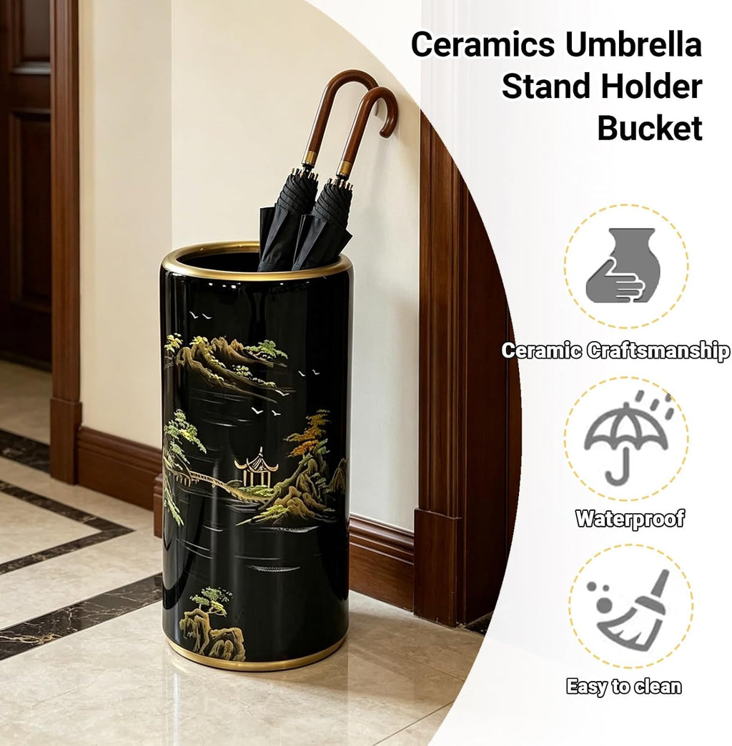 Ceramic Umbrella Stand Umbrella Holder for Entryway Hand-Made Umbrella Stand Barrels Umbrella Holder Cane Floor Standing Vase Ceramic Storage Bucket for Home Office Entrance Indoor.(White212)