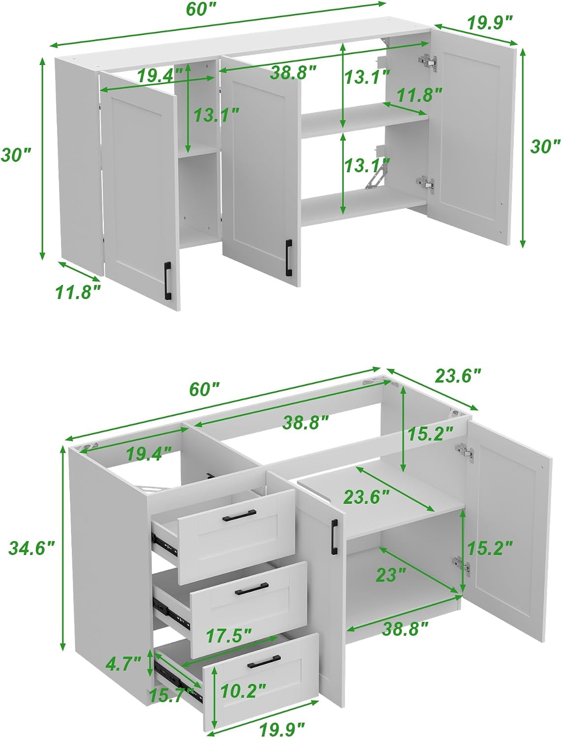 Timechee Modern Kitchen Pantry Storage Cabinet with Wall Cupboard Set, Large Pantry Cupboard Cabinet with Doors and Shelves, Drawers, Kitchen Storage Buffet Sideboard Set for Dining Room, Living Room