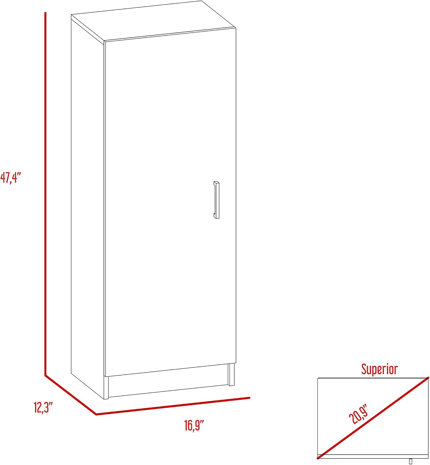 Kitchen Pantry 47" H, 1 Door Cabinet, 4 Interior Shelves, White