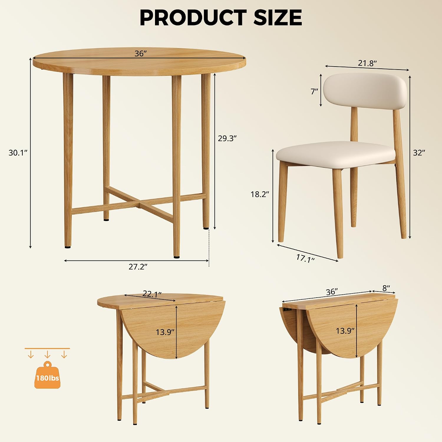 IRONCK 36" Round Dining Table and Chairs Set for 2, Natural Wood | Drop Leaf, 2 Upholstered Chairs, Space Saving, Extendable Kitchen Table