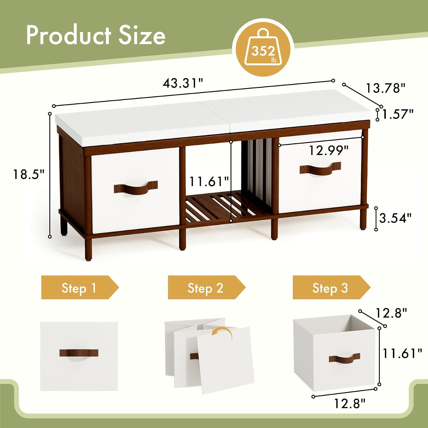 Storage Bench, 43.3" Bamboo Storage Chest with 3 Drawer, Entryway Bench with Cushioned Seat, Shoe Bench with Storage Toy Box, Toy Chest Storage Bench for Entryway, Living Room, Bedroom, Walnut