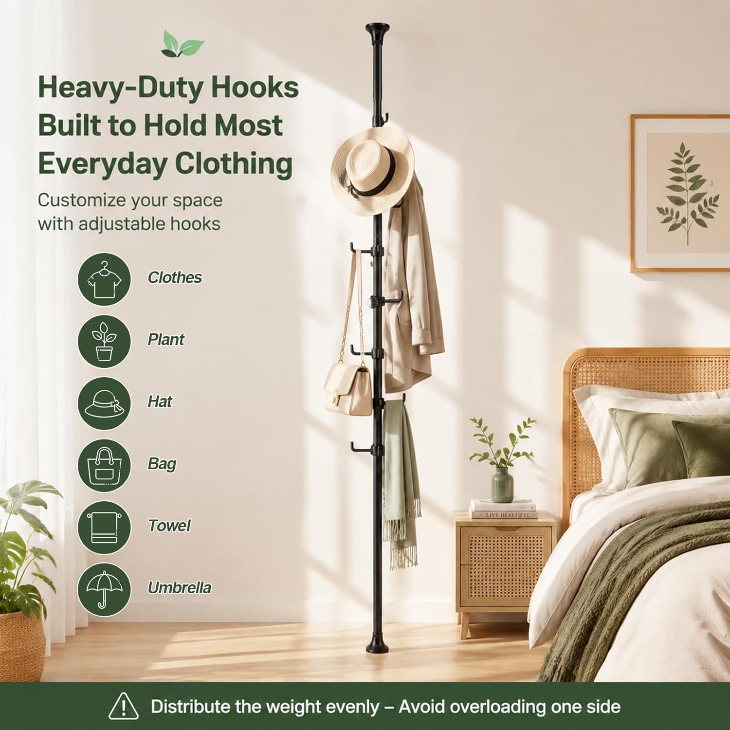 Coat Rack Freestanding, 56 to 125 inch Adjustable Tension Rod Hanger with 12 Hooks for Hanging Coat, Plant,Jacket, Hat, Scarf, Suitable for Living Room, Balcony, Kitchen Black