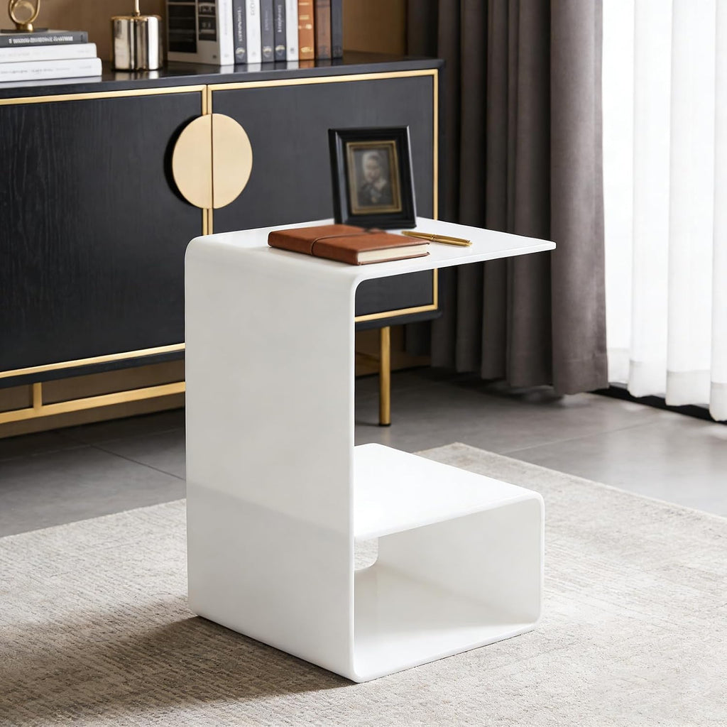Acrylic End Table, 21.6" H C-Shaped End Table, Side Table for Living Room, Bedside Table for Bedroom, Acrylic Clear C Side Table (White)