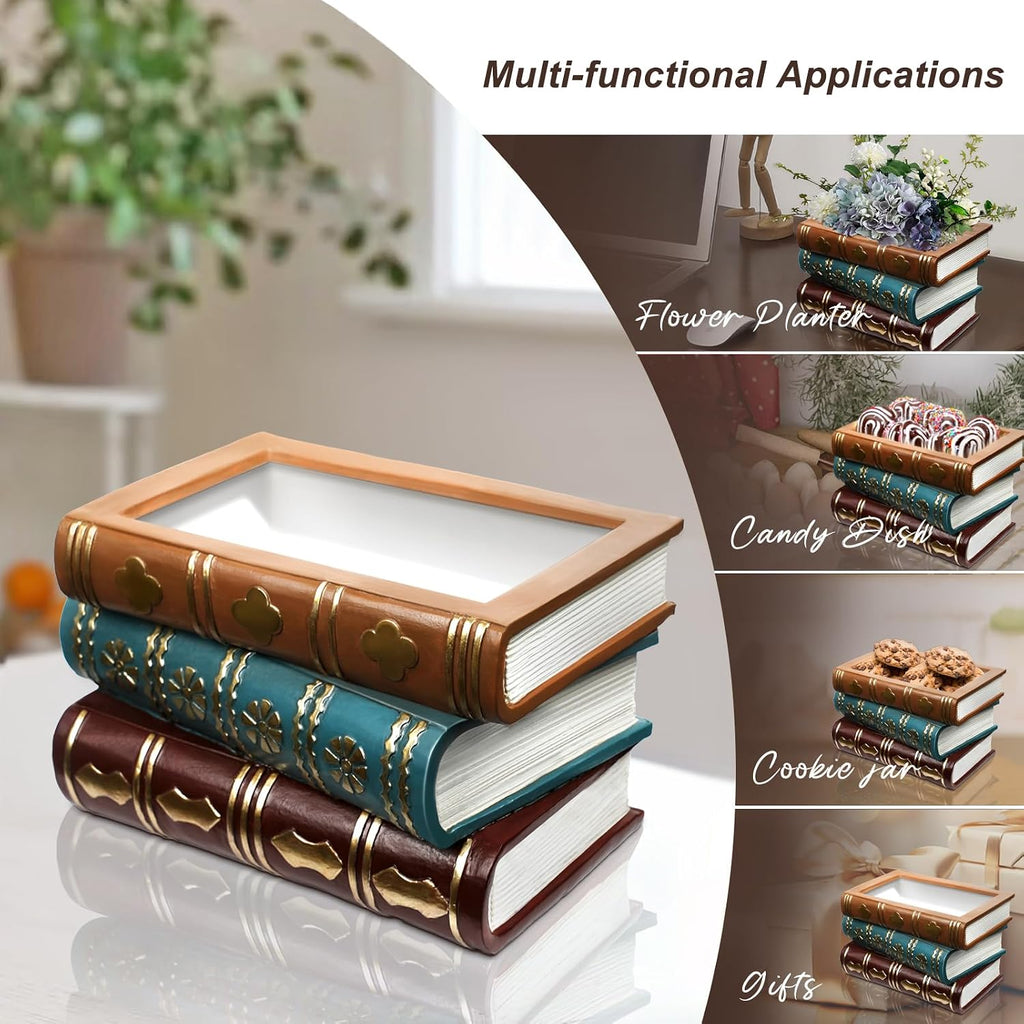 Book Flower Vase Stacked Books Shaped Flower Pot Book Planter Candy Bowl Snack Storage Box Trinket Candy Dish Vintage Home Decor Gifts for Book Lovers