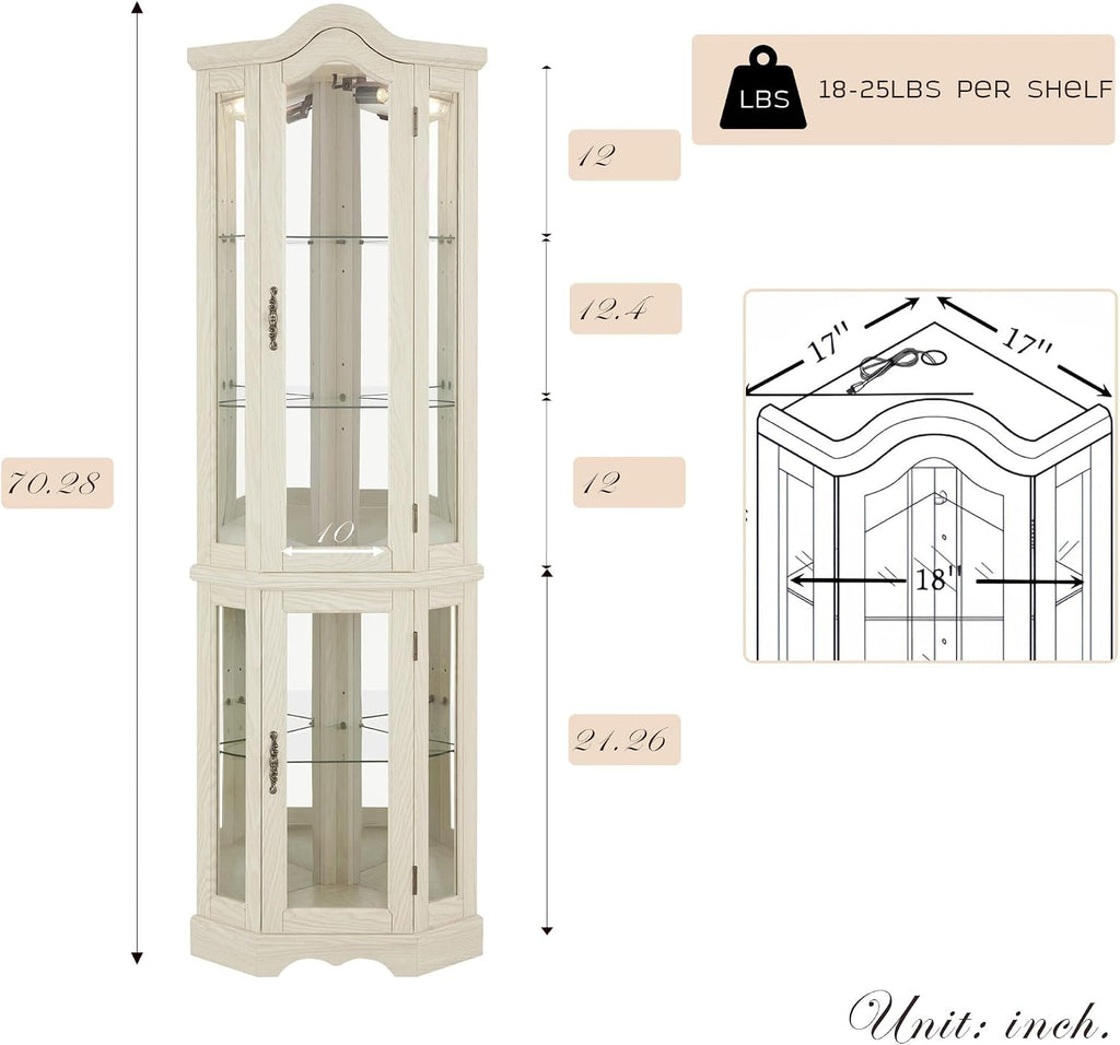 Lighted Corner Curio Cabinet 70.5" Tall Wooden China Cabinet with Tempered Glass Doors, Freestanding Glass Display Case Wine Cabinet Storage Rack for Bar and Liquor Storage (White)