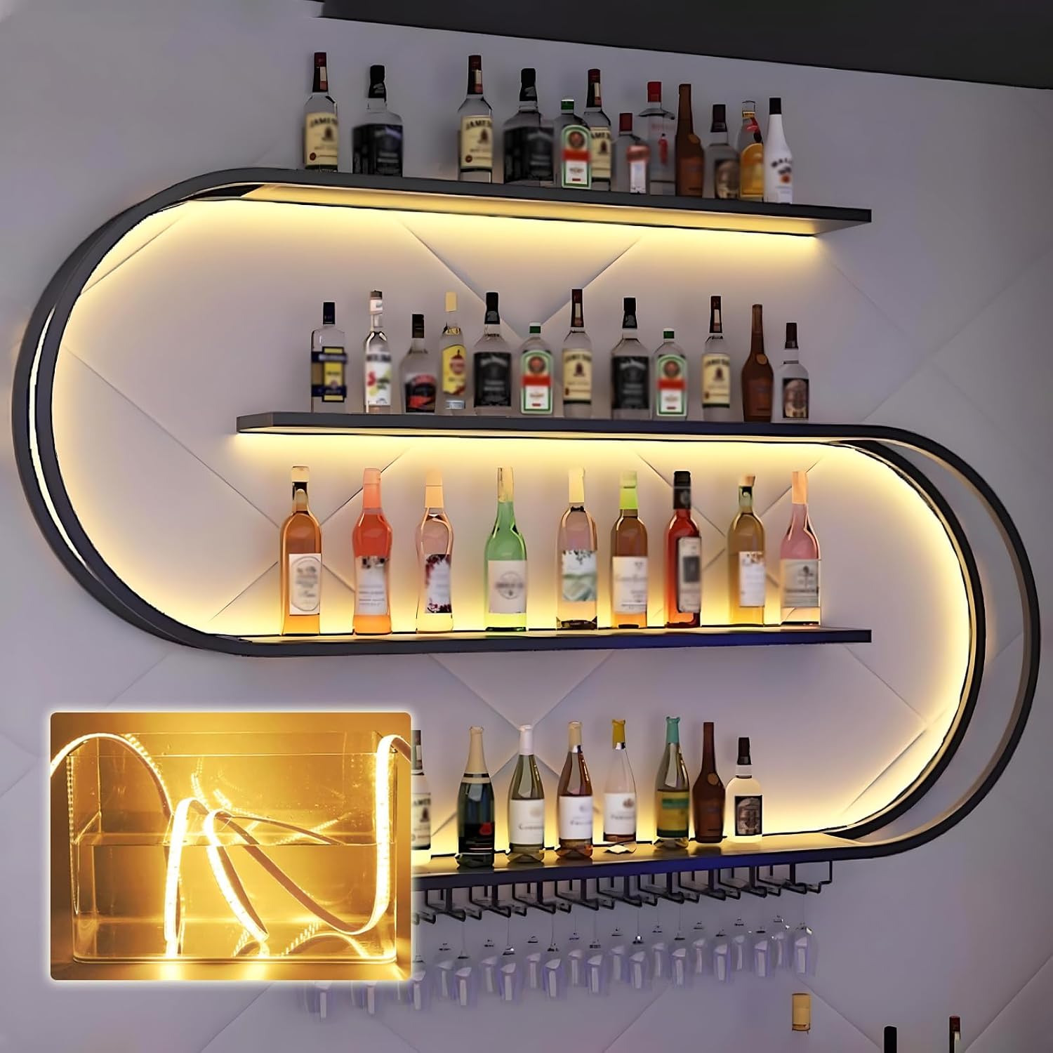 71in Large Wine Rack with LED Light, Half Round Wall Mounted Wine Rack, 4-Tiers Liquor Bottles Floating Shelves Display Storage for Home Bar Dining Room(Black, 71 * 7.87 * 47.2INCH)