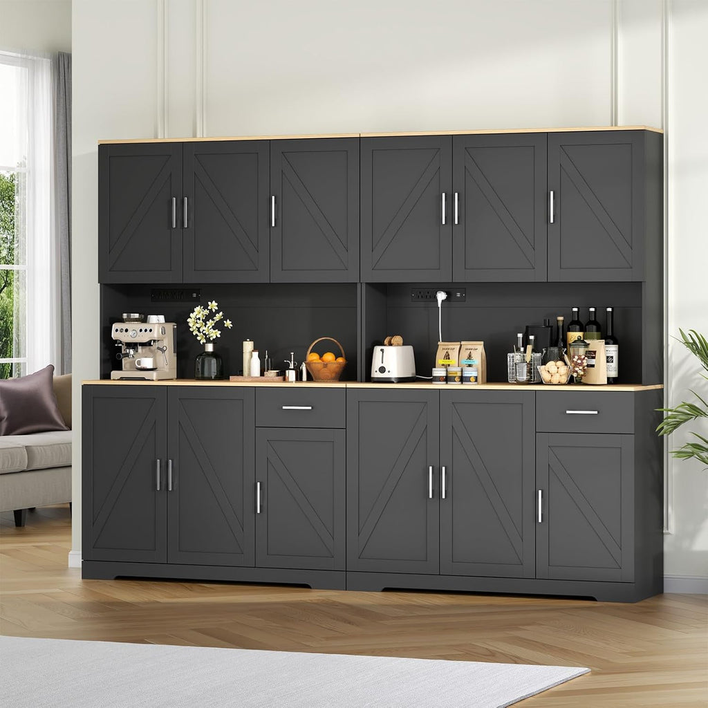 71" Tall Kitchen Pantry Storage Cabinet with Charging Station,Farmhouse Buffet Cabinet with Microwave Shelf,Large Kitchen Hutch Cabinet Doors & Drawer,Food Pantry for Dining Room,Living Room (Black)