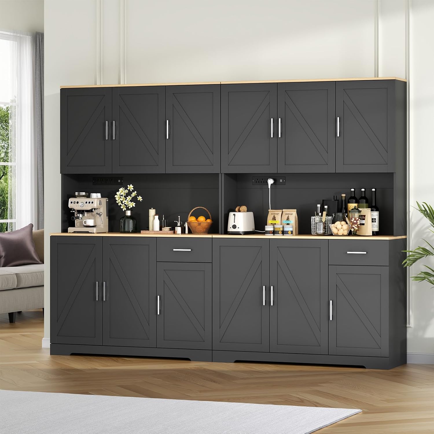 71" Tall Kitchen Pantry Storage Cabinet with Charging Station,Farmhouse Buffet Cabinet with Microwave Shelf,Large Kitchen Hutch Cabinet Doors & Drawer,Food Pantry for Dining Room,Living Room (Black)