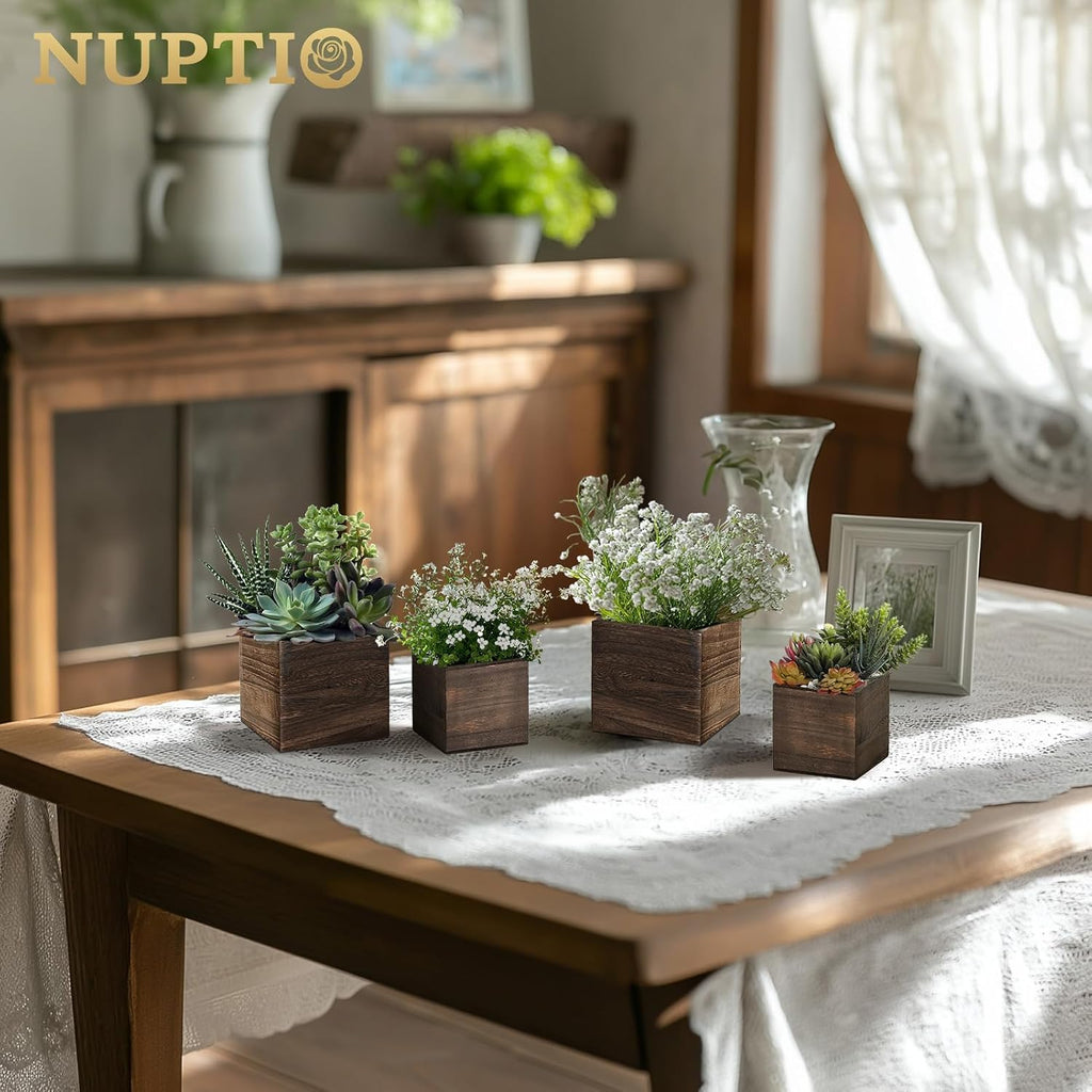NUPTIO Wooden Box for Centerpiece Wedding: 6 Pcs Rustic Square Planter Box for Christmas Table Fall Decorations - 4×4" & 5×5" Small Wood Vases Flower Pots for Windowsill Home Garden Decor
