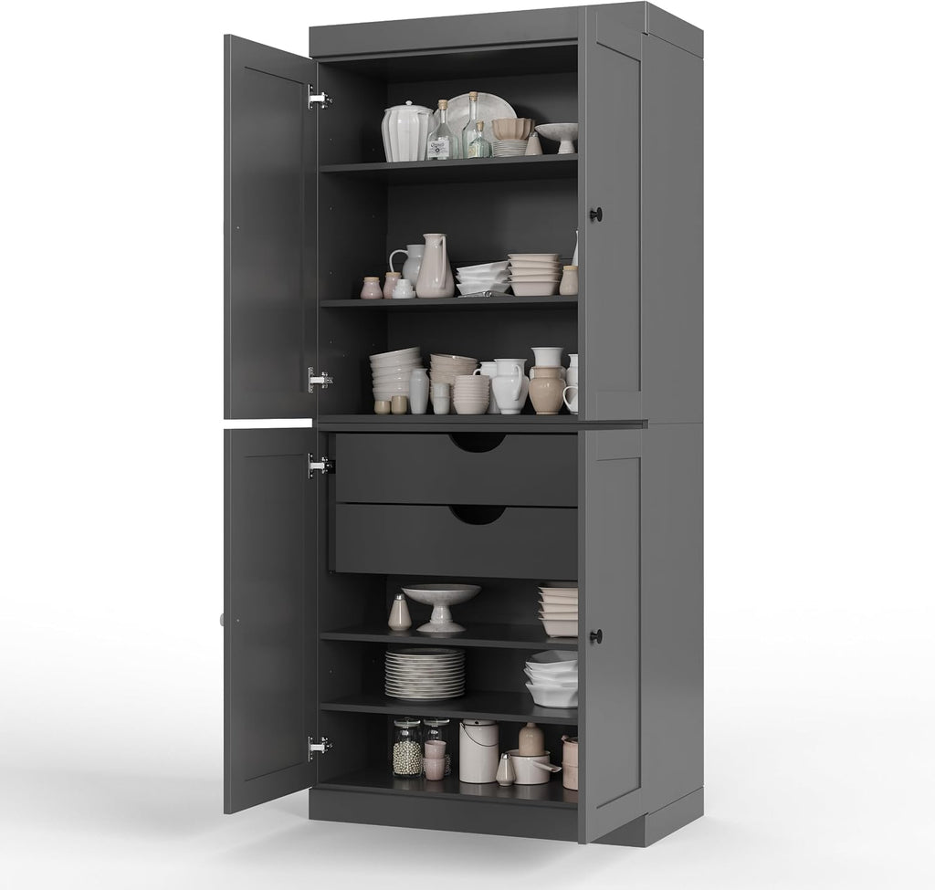 Palace Imports Solid Wood Kitchen Pantry Cabinet - 71.5" H x 32" W - Wooden Storage Cabinet w/ 4 Shaker Doors, 2 Drawers & 4 Adjustable Shelves, Gray, 100% Renewable Eco-Friendly Wood, Made in Brazil