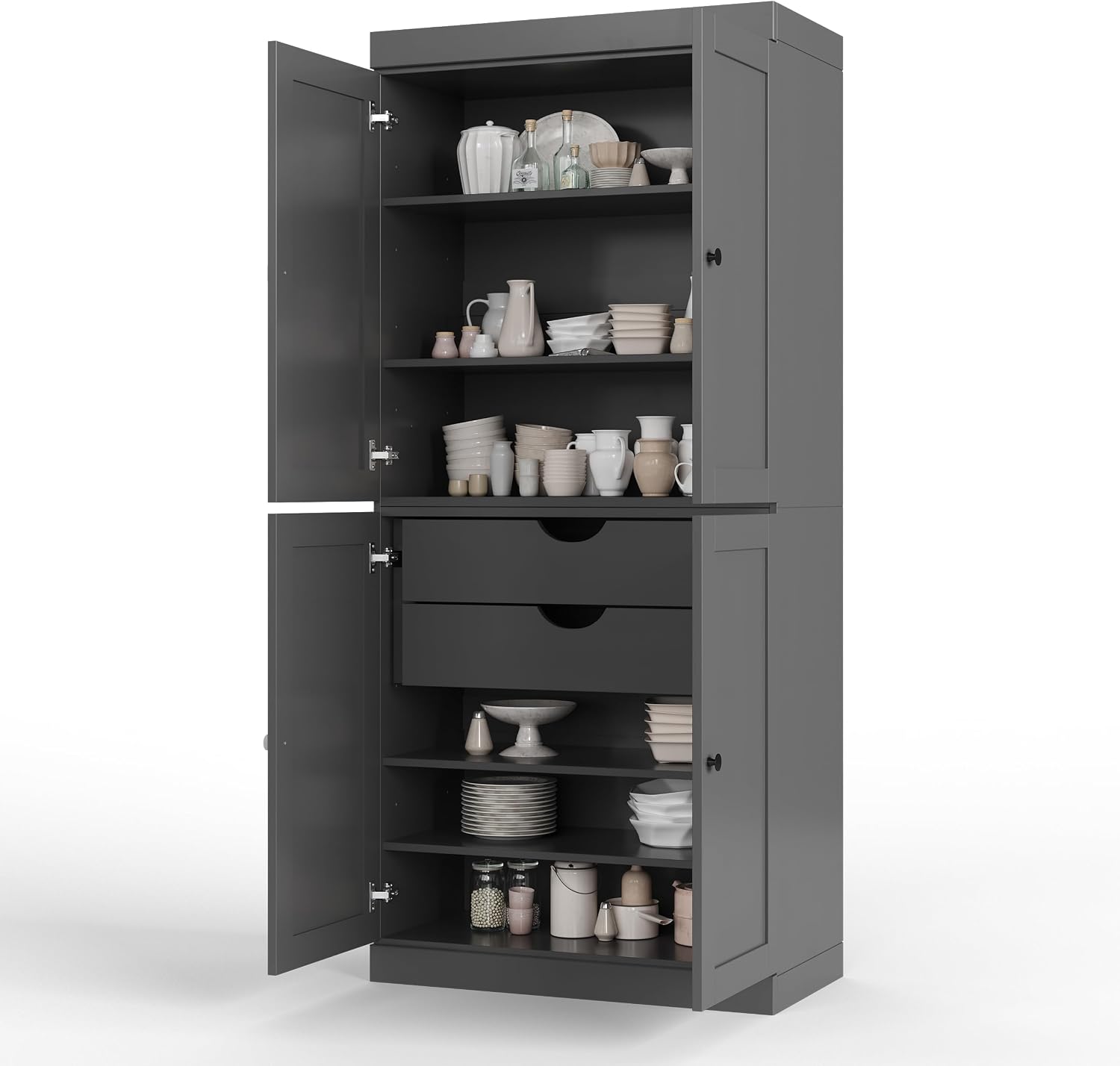 Palace Imports Solid Wood Kitchen Pantry Cabinet - 71.5" H x 32" W - Wooden Storage Cabinet w/ 4 Shaker Doors, 2 Drawers & 4 Adjustable Shelves, Gray, 100% Renewable Eco-Friendly Wood, Made in Brazil