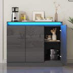 Furnify High Gloss Buffet Cabinet with LED Lights, Modern Sideboard Coffee Bar with 3 Doors & Charging Station, Handless Modern Sideboard Storage Cabinet for Living Room, Entryway, Grey