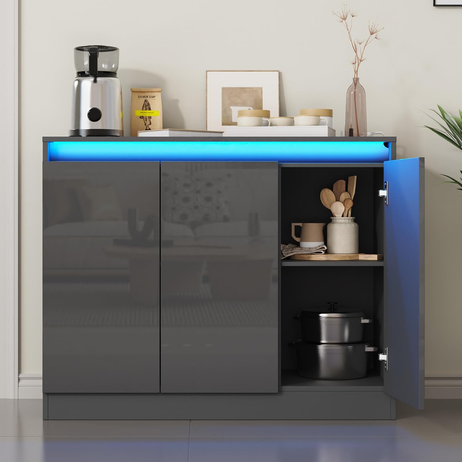 Furnify High Gloss Buffet Cabinet with LED Lights, Modern Sideboard Coffee Bar with 3 Doors & Charging Station, Handless Modern Sideboard Storage Cabinet for Living Room, Entryway, Grey