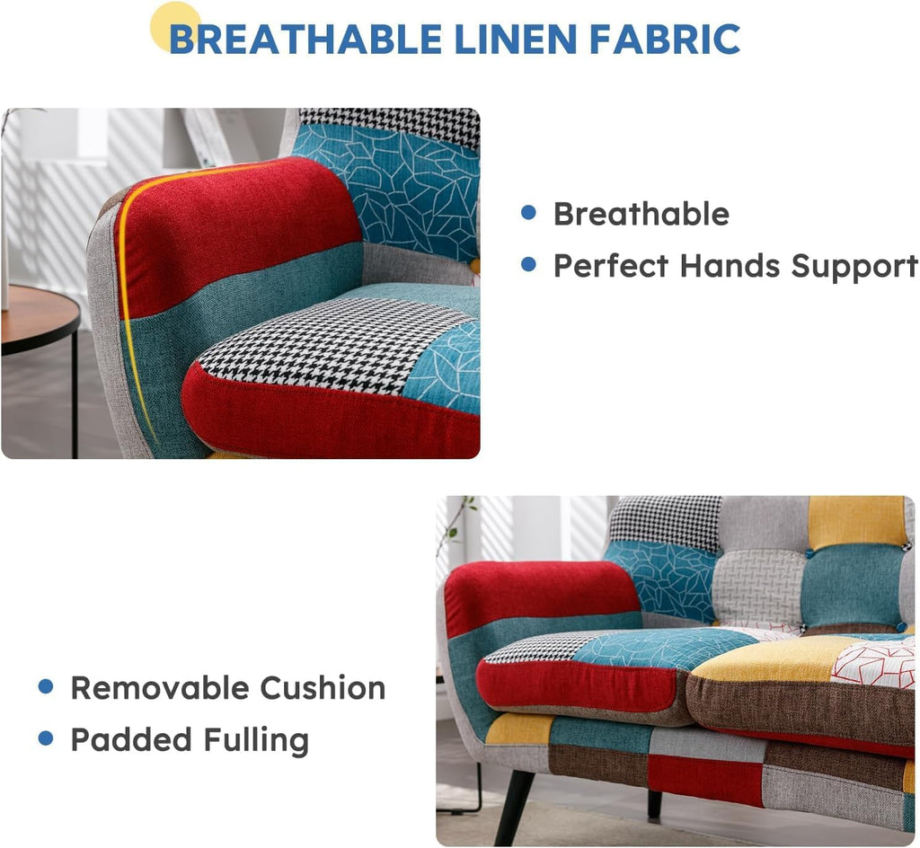 Bonzy Home Modern Colorful 3 Piece Coroful Fabric Sofa Set, Included 2 Accent Chairs and Boho Loveseat, Linen Patchwork Plaid Couches with Rubberwood Legs and Removable Upholstered for Living Room
