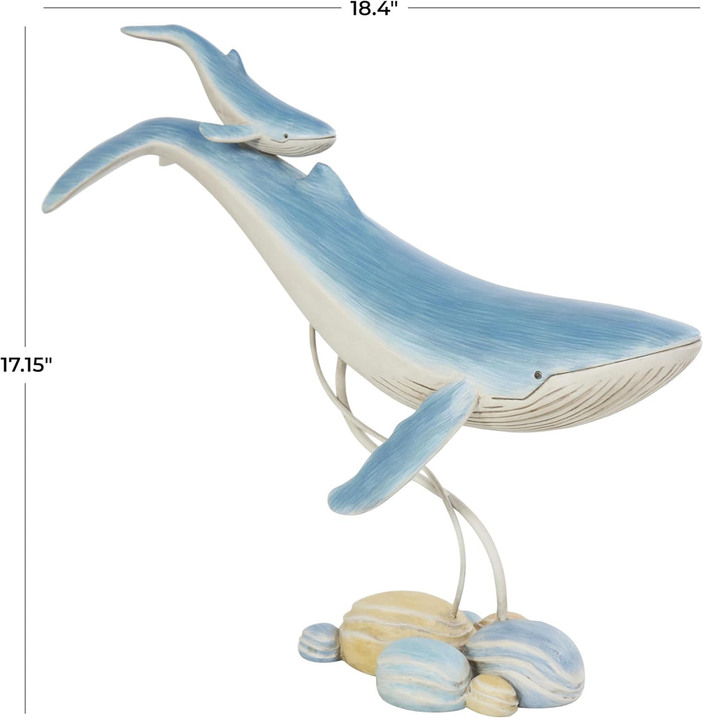 Deco 79 Polystone Whale Decorative Sculpture Swimming Mother and Baby Home Decor Statue with Yellow Accents, Accent Figurine 18" x 6" x 17", Blue