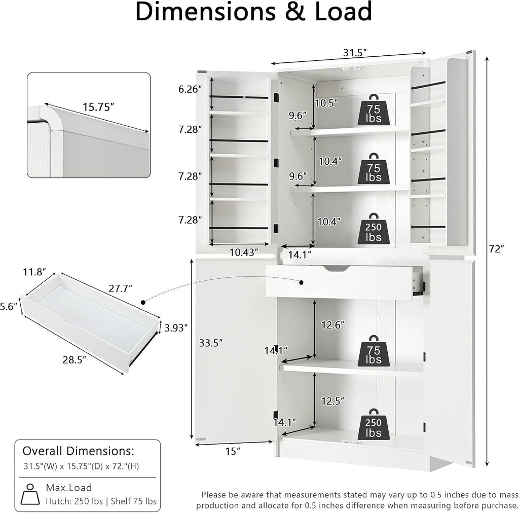72" Tall Farmhouse Kitchen Pantry Cabinet,Freestanding Food Storage Pantry with 8 Door Shelves & 3 Adjustable Shelves,Hidden Drawer Storage Cupboard for Kitchen Dining Room,White